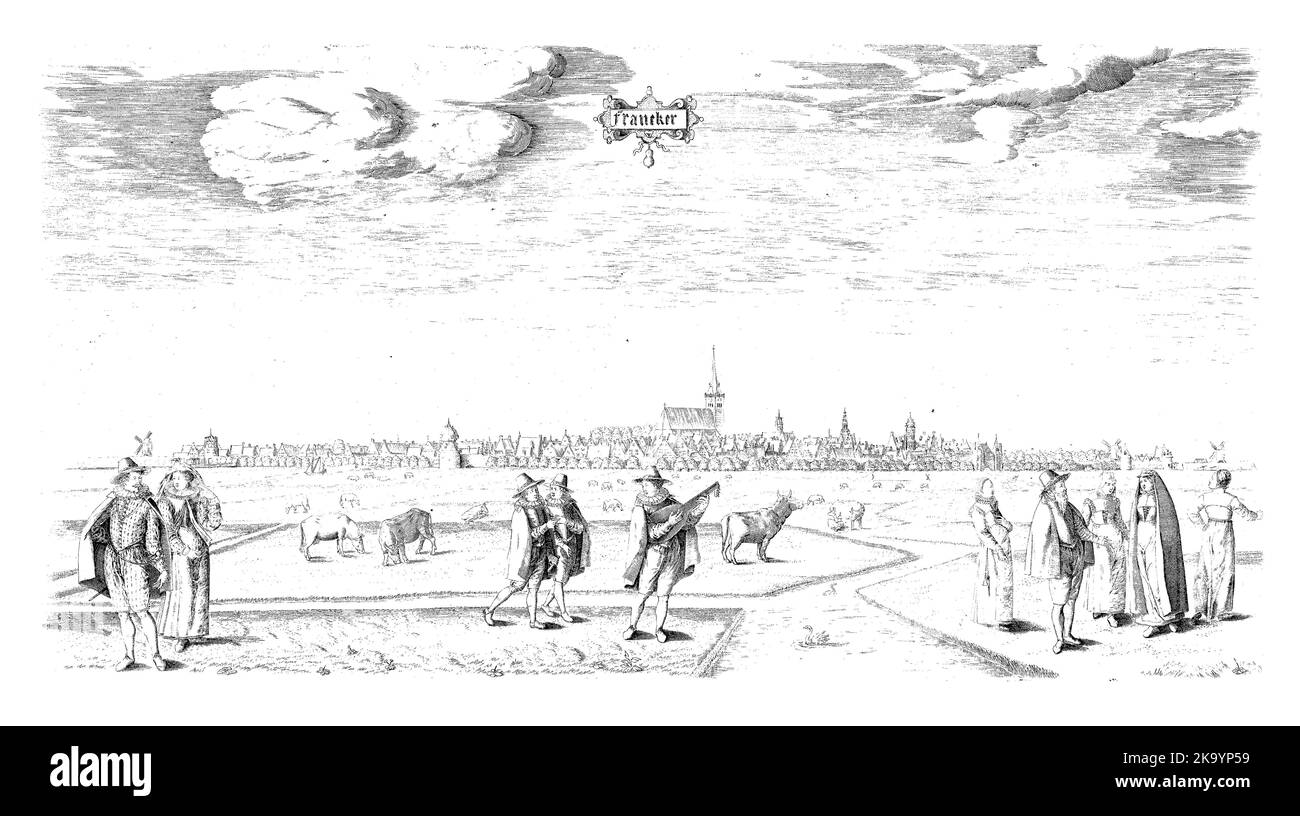 Au premier plan plusieurs citoyens marchant et parlant, habillés selon la mode d'environ 1600. Avant gauche un homme et une femme avec un voile sur le TH Banque D'Images