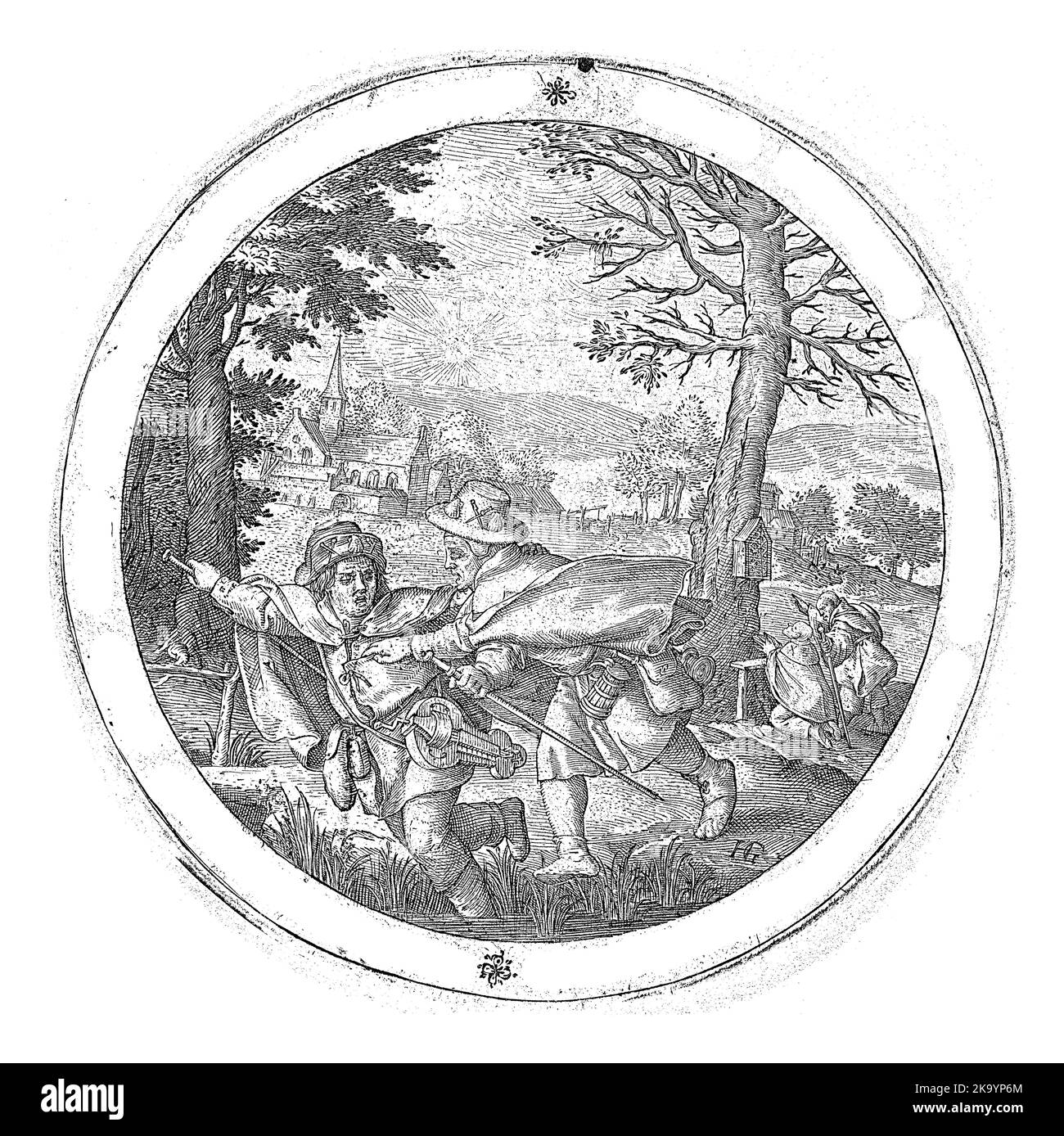 Représentation circulaire d'un mendiant aveugle entrant dans un fossé, menant un compagnon également aveugle par la main. En arrière-plan une église. Banque D'Images