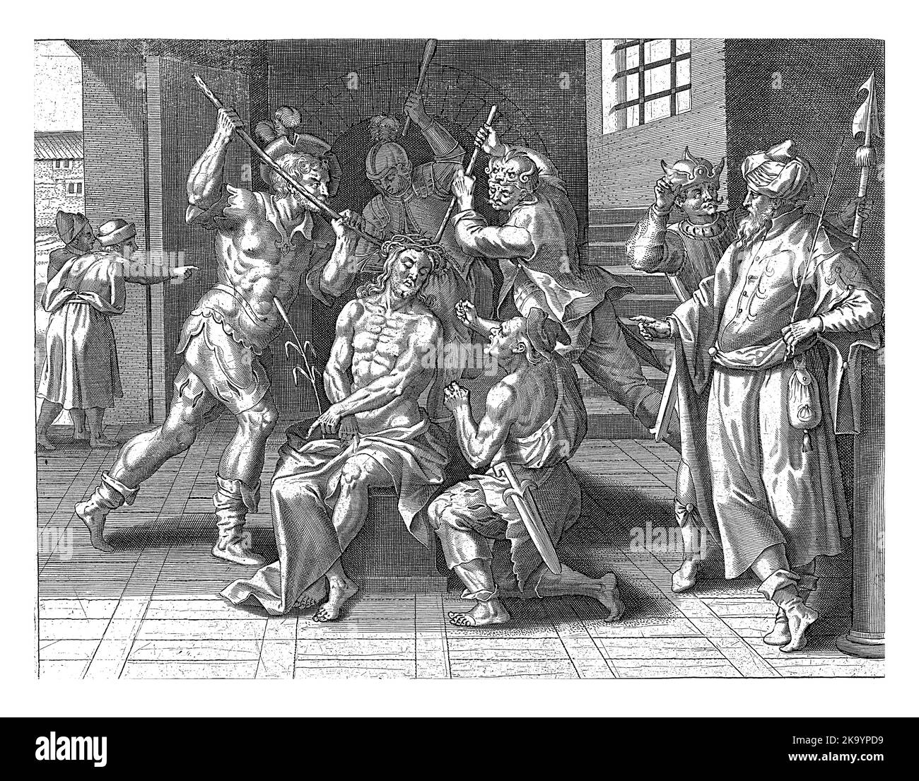 Le Christ est moqué par les soldats. On lui donne une couronne d'épines sur sa tête et une lame d'herbe comme épine. Banque D'Images