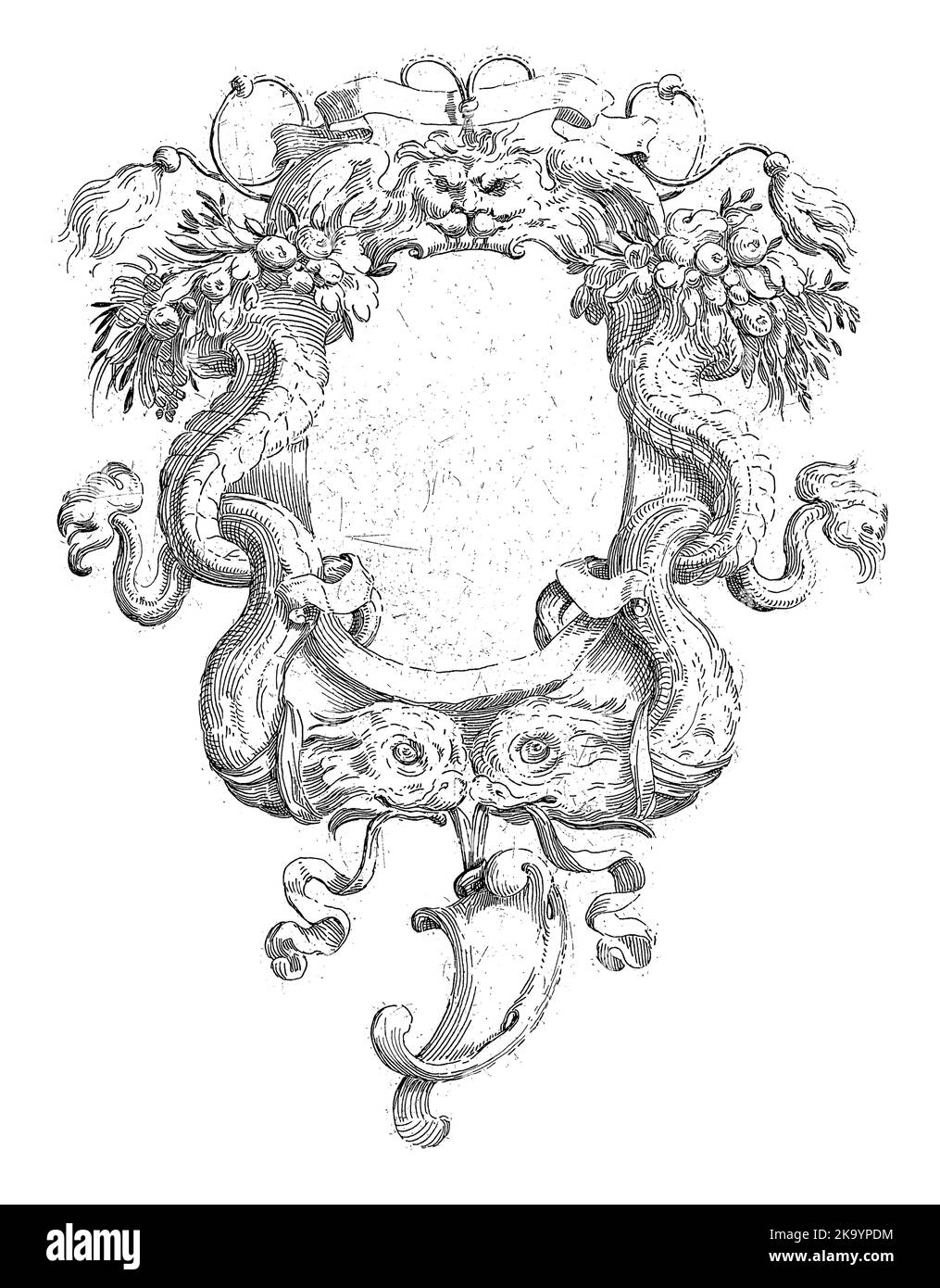 Cartouche avec masque ailé et deux poissons Banque D'Images