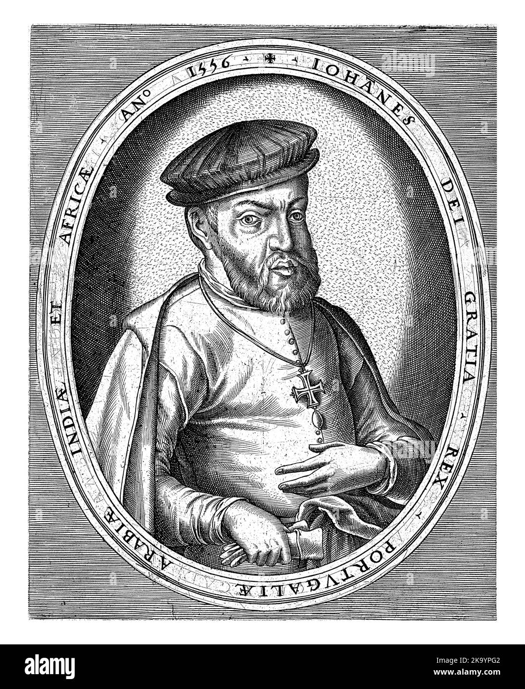 Jean III, roi du Portugal, mi-longueur à droite, tenant une paire de gants dans sa main droite. Portrait dans un cadre ovale avec inscription de bord en latin. Banque D'Images