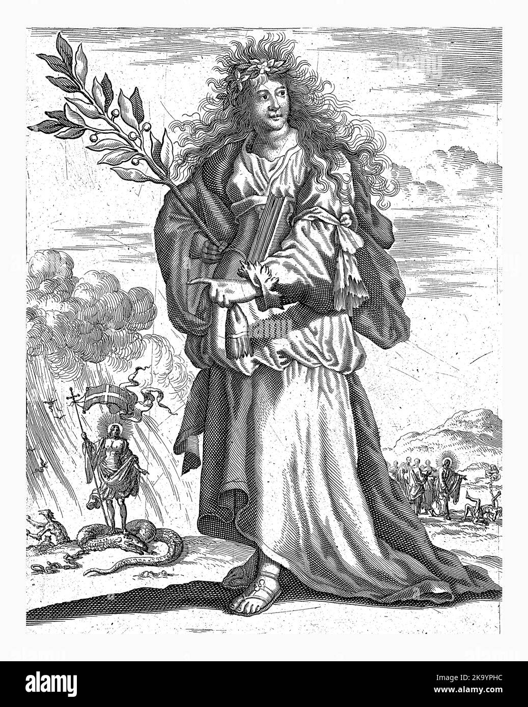 Sibyl Cimmerian, Jan Luyken, 1684 Sibyl Cimmerian. En arrière-plan, la représentation du Christ comme le vainqueur et la guérison d'une personne possédée. Prot Banque D'Images