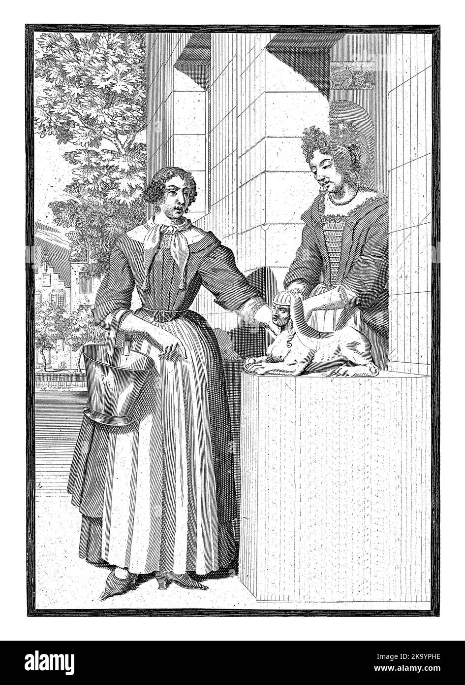 Titre de l'image de la série: Les quatre fois de la journée. Une dame se tient dans la porte de sa maison, sur une plate-forme avec une statue d'un sphinx. Banque D'Images