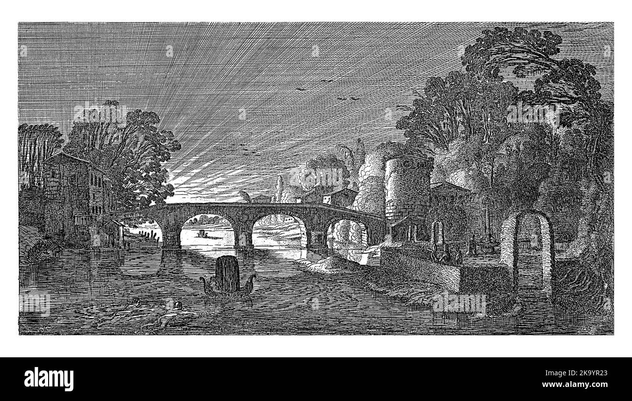 Vue sur la rivière au coucher du soleil, Jan van de Velde (II), 1639 - 1641 vue sur la rivière au coucher du soleil. Au milieu se trouve un pont en pierre. Sur la gauche deux figures de natation et o Banque D'Images