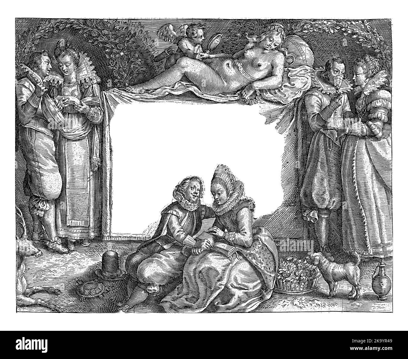 Rideau titré en néerlandais. Devant, un couple élégamment habillé est assis sur le sol en tenant les mains. Sur la gauche un couple debout avec le luth et la musique b Banque D'Images