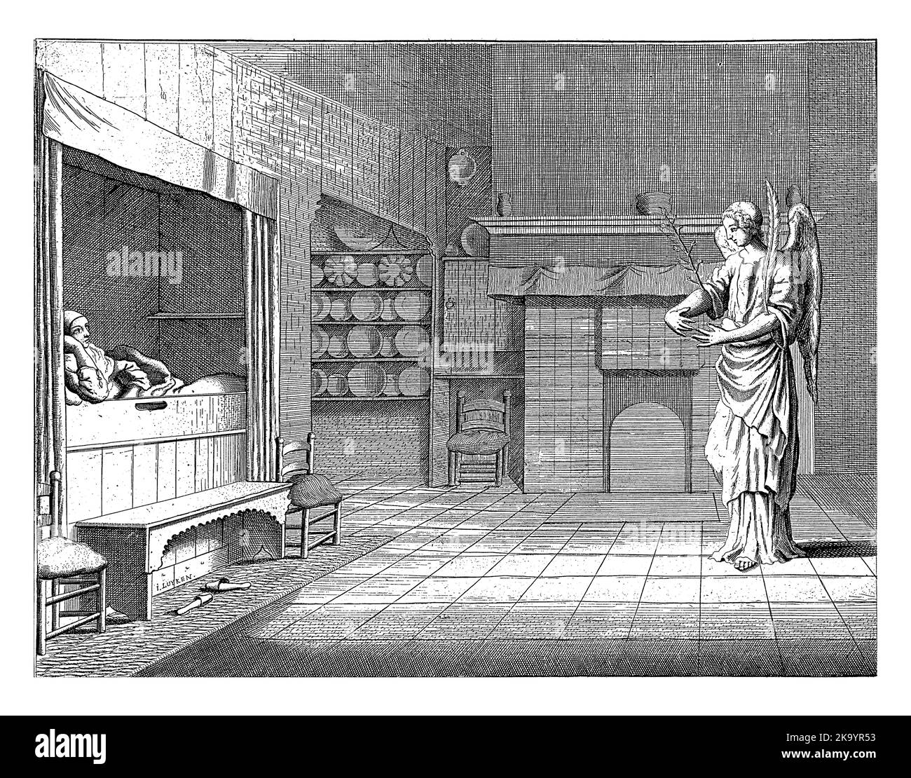 Apparition d'un ange à la veuve Grietje Claes, Jan Luyken, 1678 apparition d'un ange à Grietje Claes (ou Klaas), une veuve vertueuse qui vit dans Banque D'Images