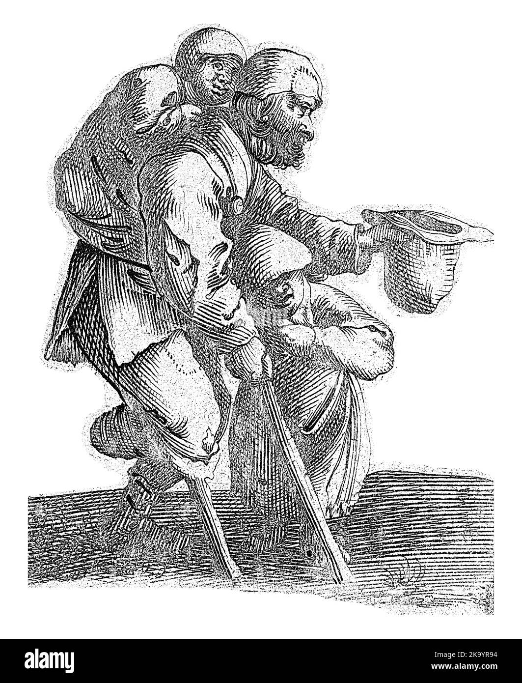 Un mendiant barbu avec une jambe en bois, penché sur son tabouret, porte un enfant sur son dos. L'homme supplie de son chapeau. Sous son bras se tient un deuxième enfant. Banque D'Images