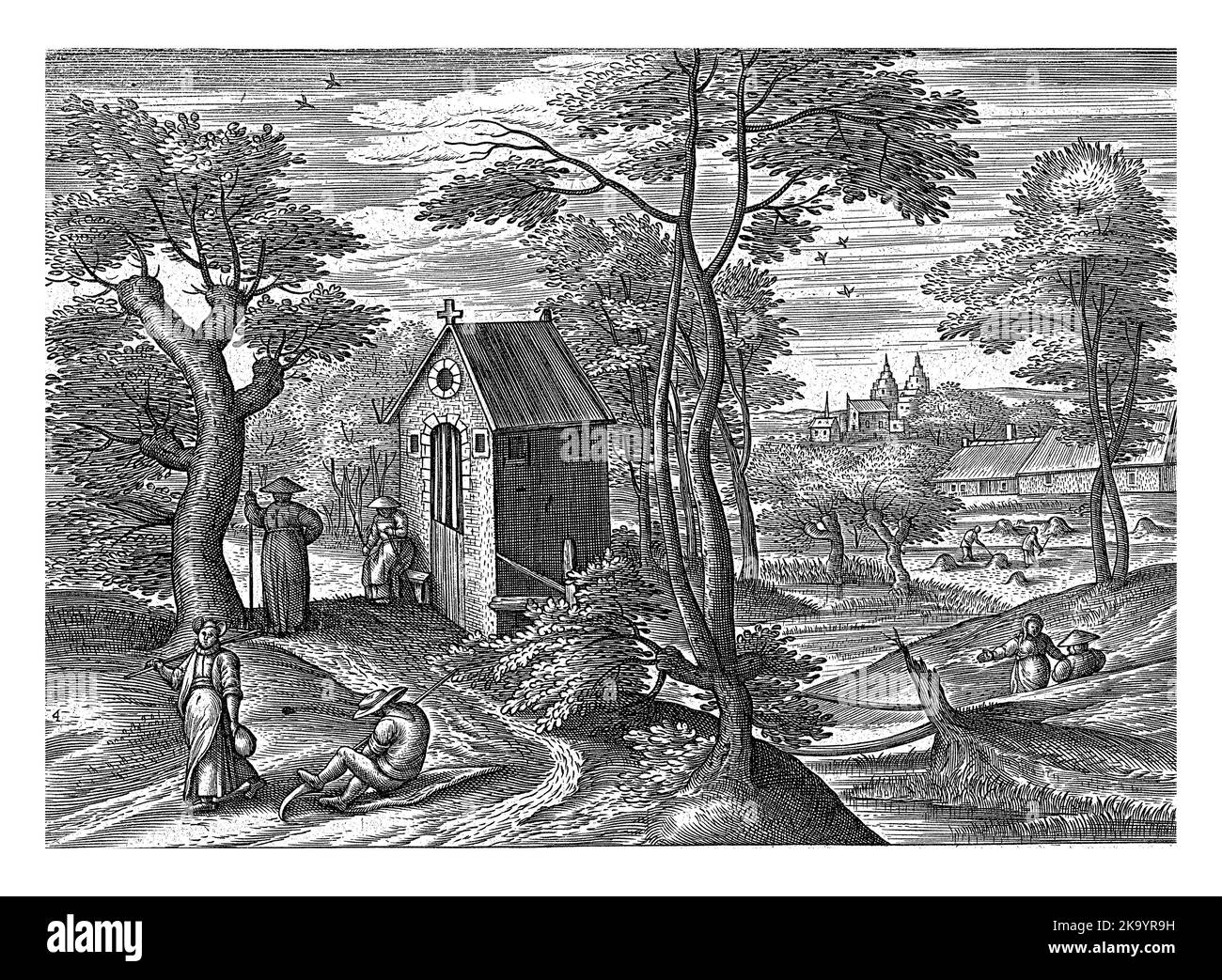 Paysage d'été avec des scènes d'été. Juillet est le mois de la tonte ou du foin. Au premier plan, les agriculteurs se reposent et affûtent leurs scythes. À l'arrière Banque D'Images