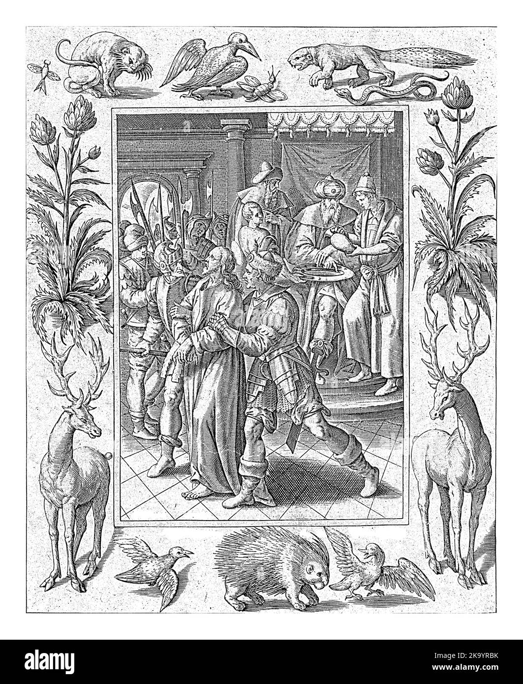 Pilate se lave les mains dans l'innocence, Antonie Wierix (II), après Maerten de Vos, 1582 - 1586 Christ est condamné à mort et emmené. Pilate était là Banque D'Images