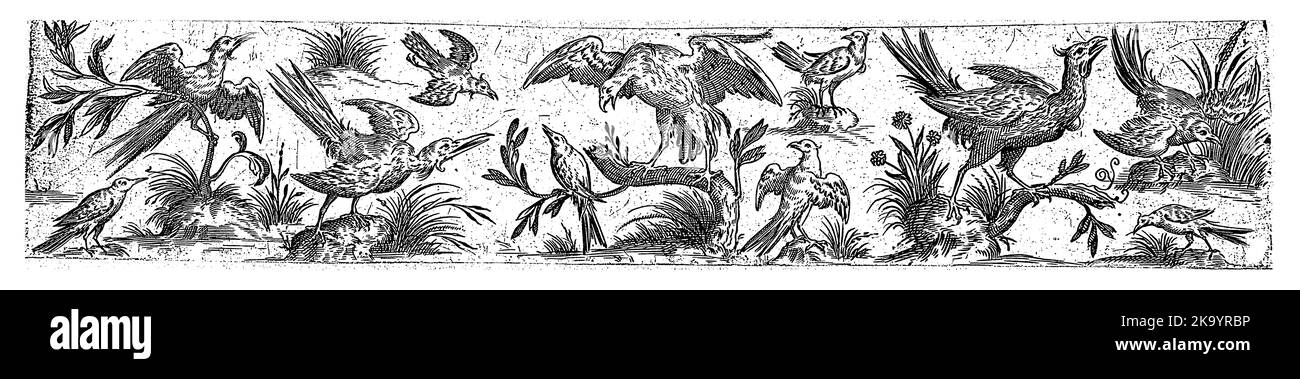 Au centre, sur une branche, un oiseau avec des ailes écarlées crie des sangsues à un oiseau plus petit en dessous. Feuille 8 d'une série de 12 feuilles numérotées. Banque D'Images