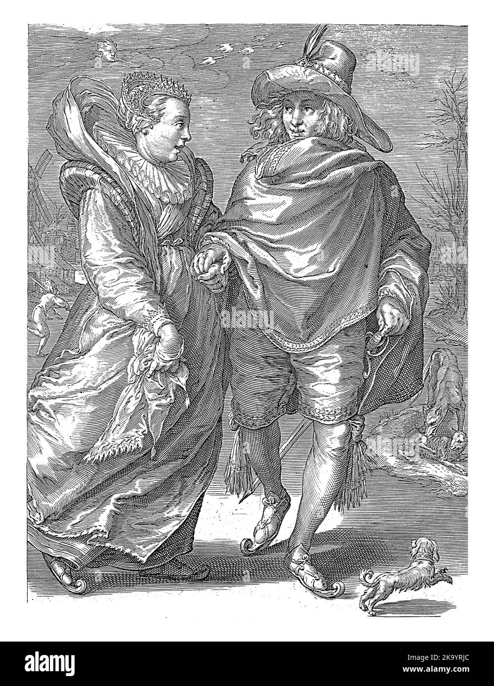 Un jeune couple skate main dans la main sur la glace. Les chiffres sont élégamment habillés selon la mode d'environ 1600. Banque D'Images