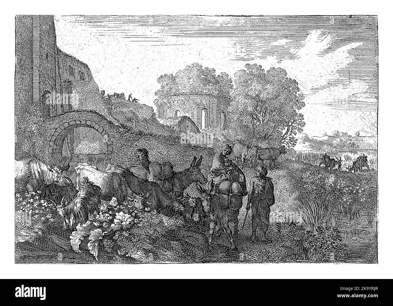 Un groupe de voyageurs se promène avec deux ânes sur une route qui passe devant un troupeau d'animaux. Un des ânes porte une femme avec un enfant. Banque D'Images