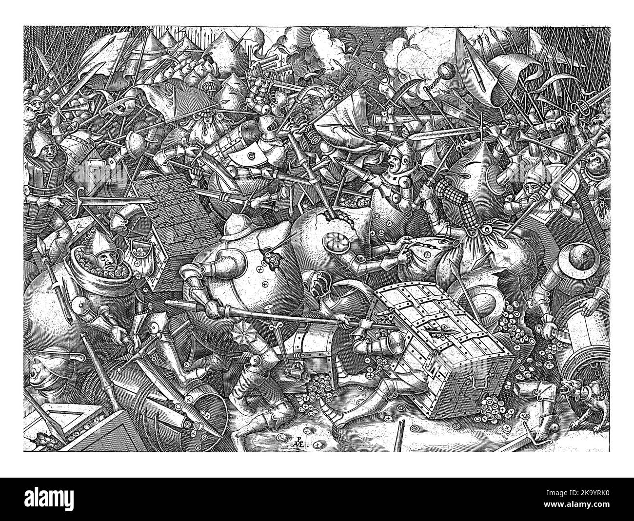 Combat féroce entre les sacs d'argent et les coffres d'argent. Il y a des pièces de monnaie sur le sol, à l'avant droit un chien sur une chaîne. Banque D'Images