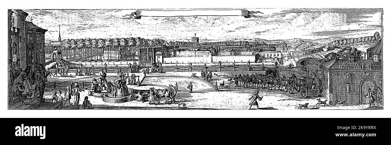 Vue sur le parc d'Enghien, avec en premier plan à gauche une femme distinguée et quelques messieurs distingués sur les escaliers devant un bui Banque D'Images
