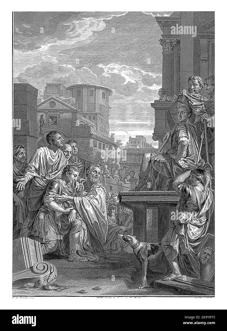 Le curseur Lucius Papirius, assis sur un trône, montre de la miséricorde au jeune Fabius Maximus, comme son père et tout le peuple romain implorent de la miséricorde. Banque D'Images