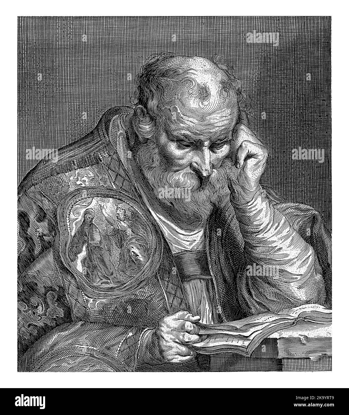 Saint Gregory lisant un livre à tête baretée, demi-longueur à droite. Il soutient sa tête avec sa main gauche et est vêtu de vêtements liturgiques. Banque D'Images