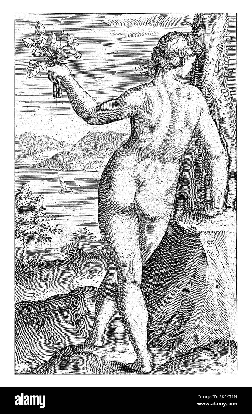 Eau Nymph Ambracia, Philips Galle, 1587 l'eau Nymph Ambracia (le golfe d'Arta). Un bouquet de fleurs dans sa main. L'impression fait partie d'un événement Banque D'Images