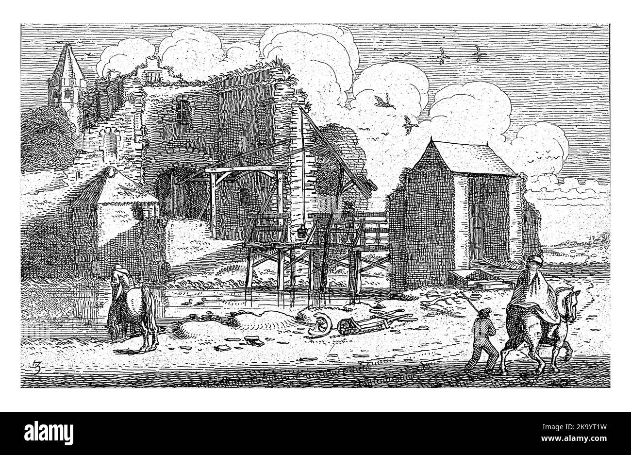 Cavaliers dans un château en ruines avec un pont, Jan van de Velde (II), 1616 deux figures à cheval et une à pied sur une route de campagne le long d'une ruine d'une ca Banque D'Images