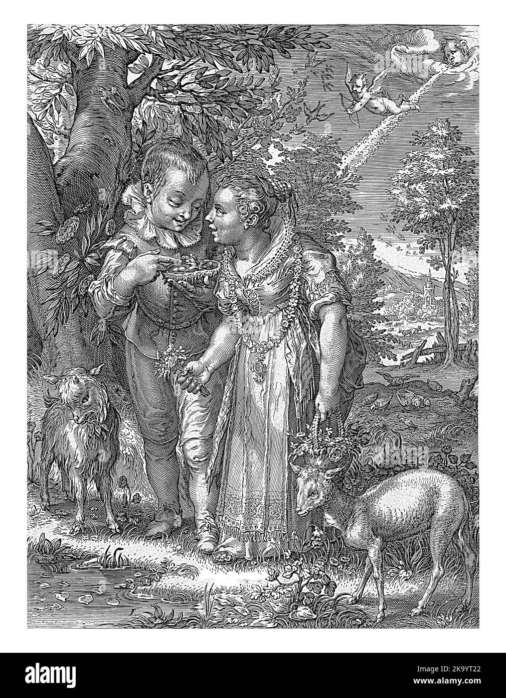 Un garçon et une fille dans un paysage. Le garçon montre la fille, avec un panier de fleurs en main, un nid d'oiseau. En haut à droite, Cupid leur vise sa flèche. Banque D'Images