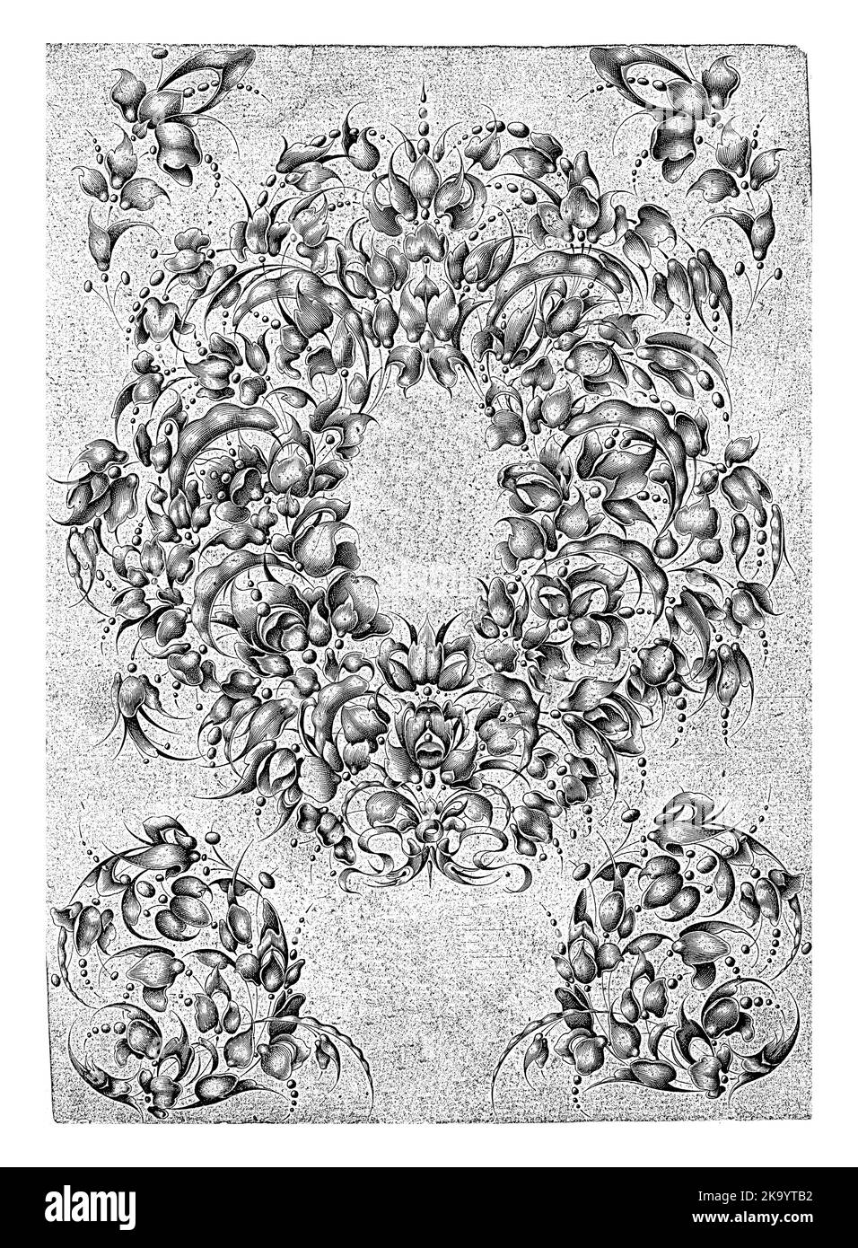 Le texte est au centre d'une couronne de fleurs et de feuilles stylisées, avec quatre petits motifs similaires dans les coins. Feuilles avec copie recto verso Banque D'Images