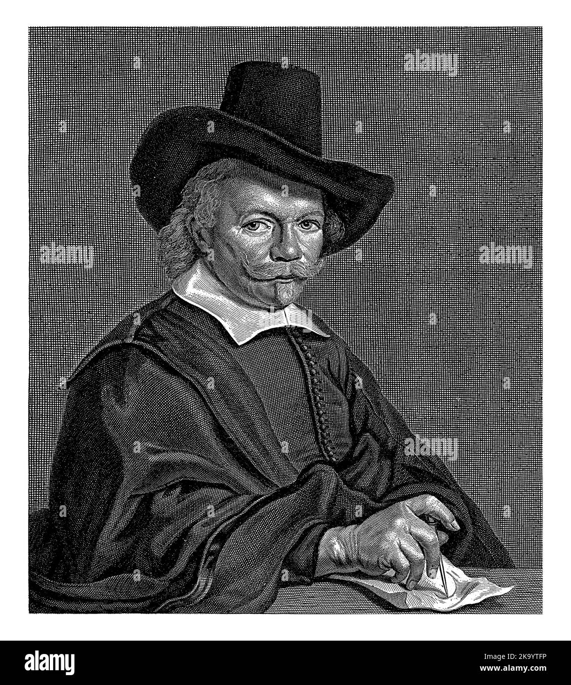 Portrait du mathématicien Jan Pietersz. DEW. Il dessine avec une boussole sur la feuille de papier devant lui. Avec une marge vierge. Banque D'Images