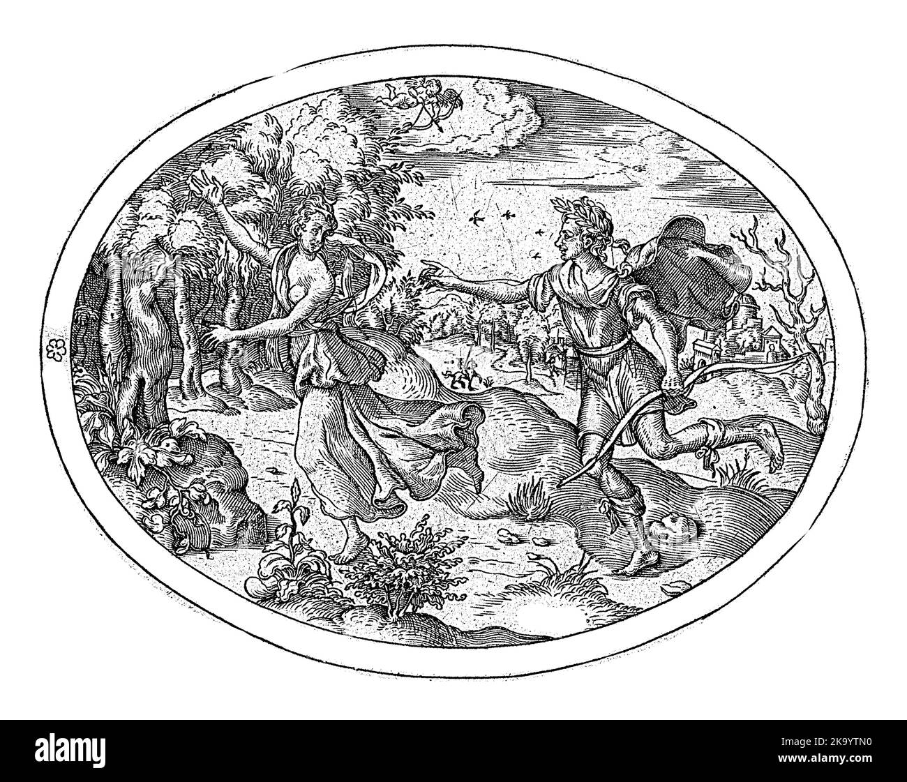 Apollo chase la Daphne en fuite, ses bras levés. Amor vole dans le ciel. Dans le cadre ovale, un texte de bord en latin. Banque D'Images