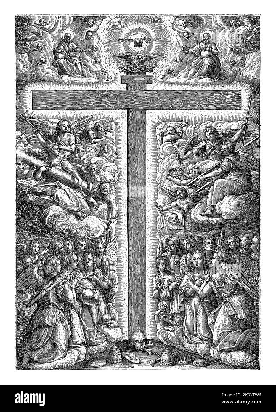 Au centre se trouve la croix sur laquelle Christ est mort. À gauche et à droite de la croix anges avec les outils de passion dans leurs mains. En bas du Banque D'Images