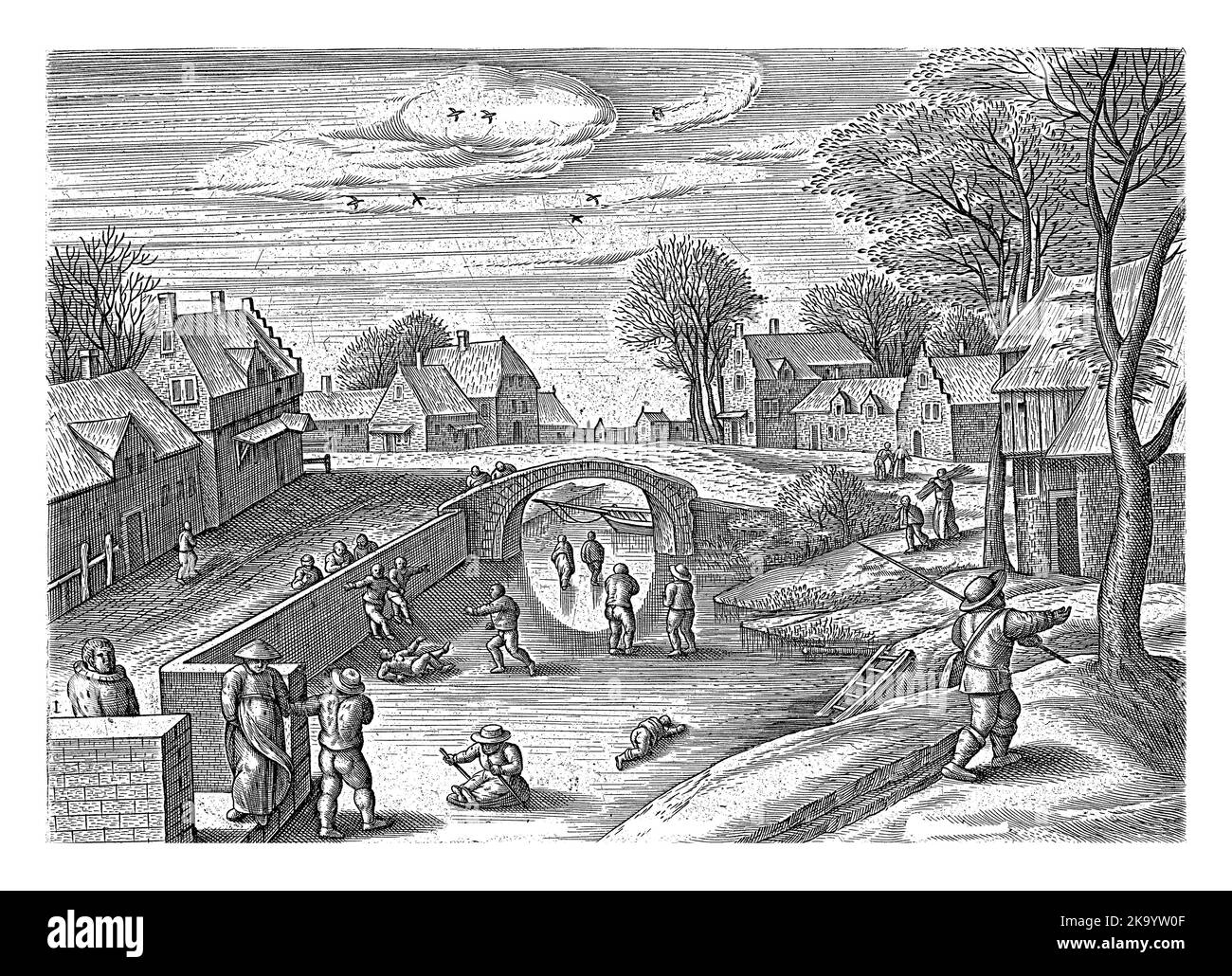 Paysage d'hiver avec scènes d'hiver. Janvier est le mois de glace. Patinage sur un canal. Les gens sont à la recherche de bois de chauffage. Fait partie d'une série de douze lun Banque D'Images
