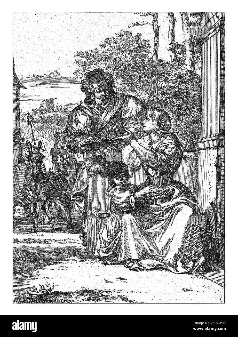 Titre imprimé de la série Capricci, Romeyn de Hooghe, 1655 - 1708 Une femme assise avec un panier de cerises sur ses genoux et un enfant saisissant dans le bask Banque D'Images