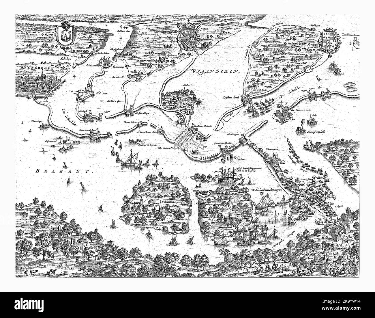 Siège d'Anvers dans les années 1584 et 1585, Jan Luyken, 1680 - 1684 Siège d'Anvers dans les années 1584 et 1585. Plan de la terre environnante avec in Banque D'Images