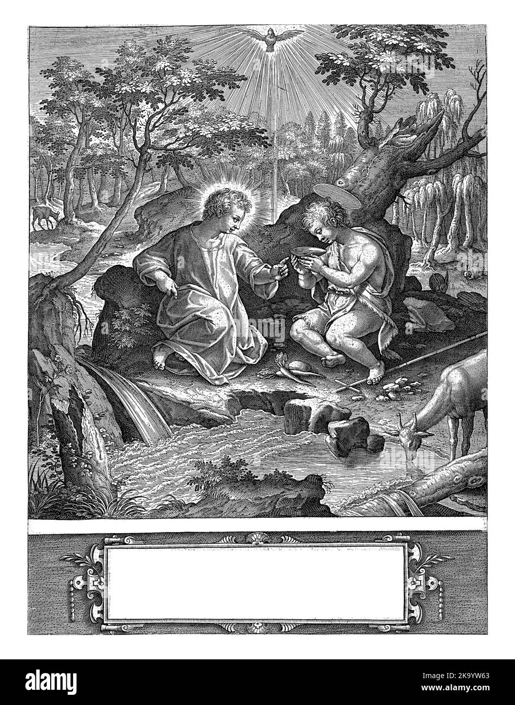 Christ et Jean sont assis près d'un ruisseau d'eau. L'Esprit Saint les survole. Johannes boit dans une tasse ; sur la droite, un cerf boit dans le ri Banque D'Images