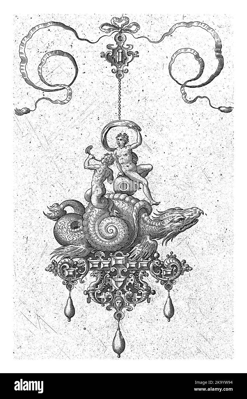 La tête et la queue d'un dragon sortent de la coquille d'escargot. Sur elle s'assoir un homme avec une trompette et une femme. Une des 7 feuilles partiellement numérotées d'une série Banque D'Images
