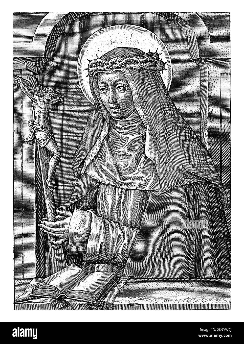 H. Catherine de Sienne, Hieronymus Wierix, 1563 - avant 1619 Sainte Catherine de Sienne priant pour un Cruxifix. Elle porte la tunique avec voile et un manteau Banque D'Images