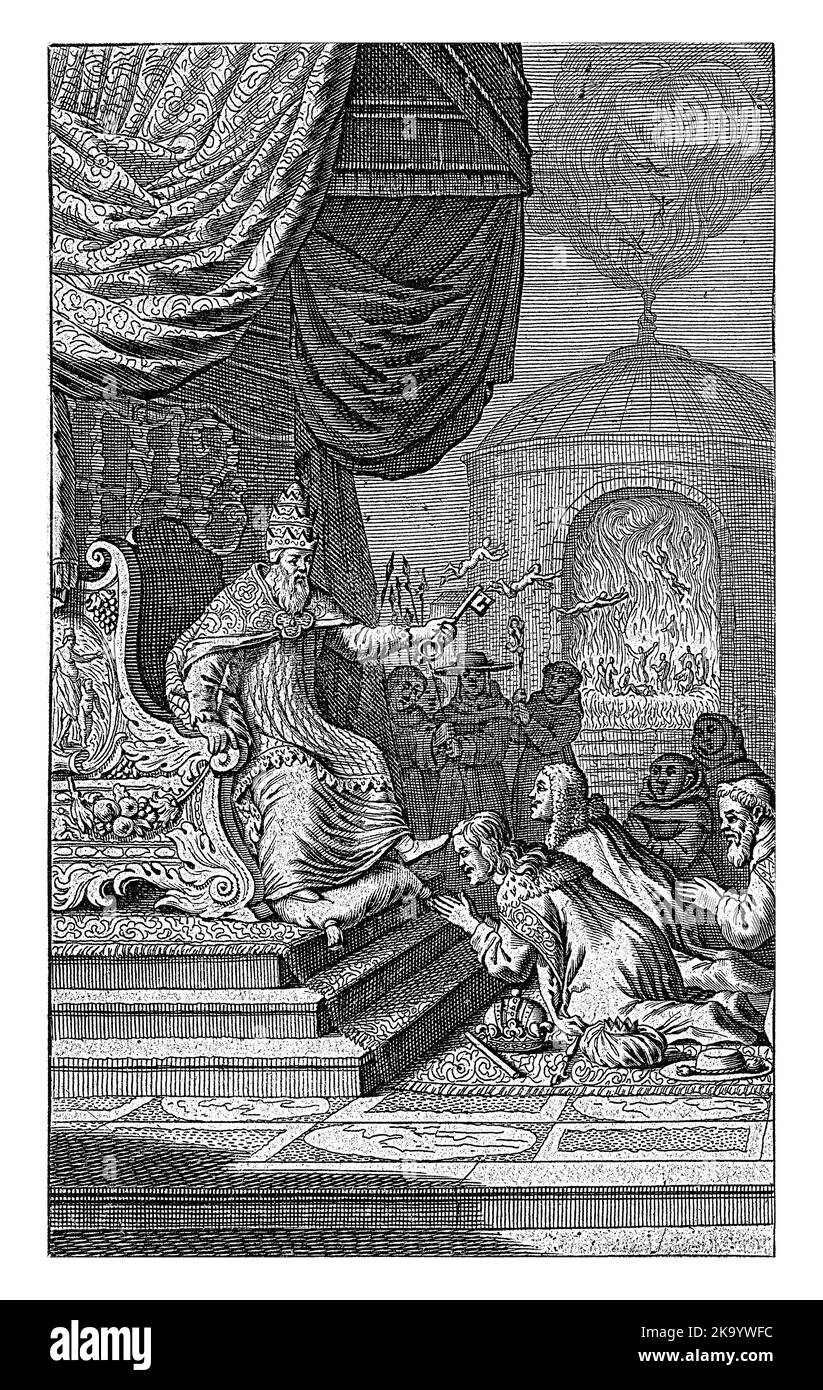 Des monarques laïques s'agenouillent devant le pape, anonymes, après Samuel van Hoogstraten, 1671 Princes et clergé s'agenouillent devant un pape assis sur un trône. Banque D'Images
