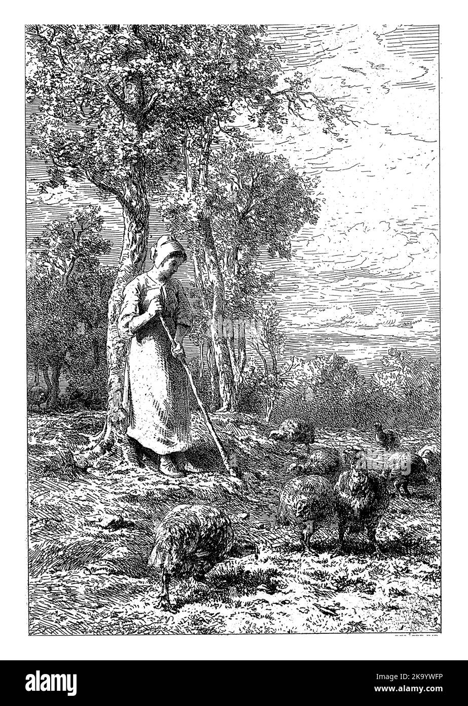 Femme travaillant parmi les poulets, Charles Emile Jacque, 1865, Vintage gravé. Banque D'Images