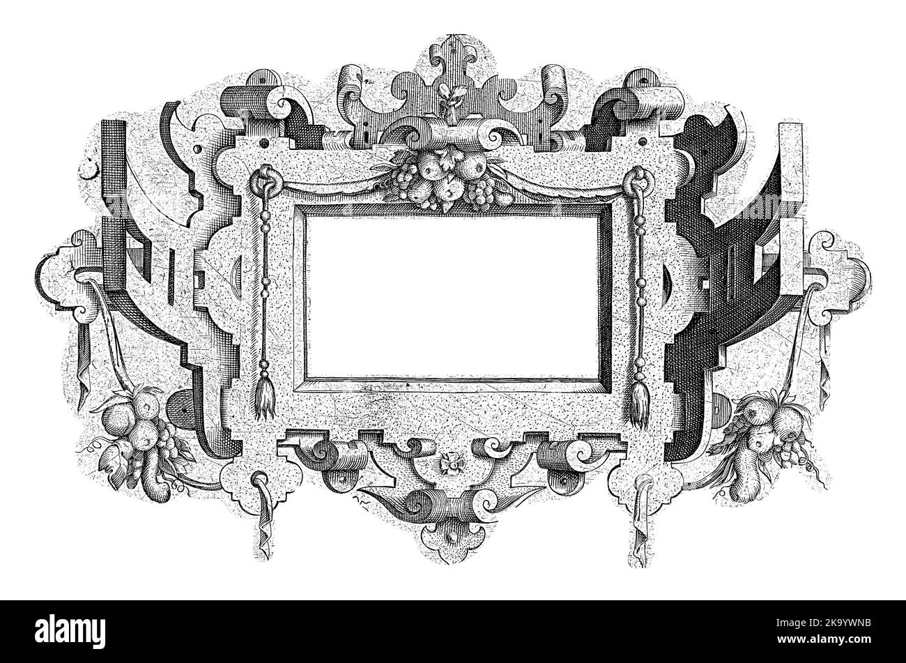 Page de titre avec des grappes de fruits, Jacob Goltzius (II), d'après Wolter Sweersz Drolich, 1584 - 1630 feuille 1 de 2 feuilles d'une série de 7. Cartouts o Banque D'Images