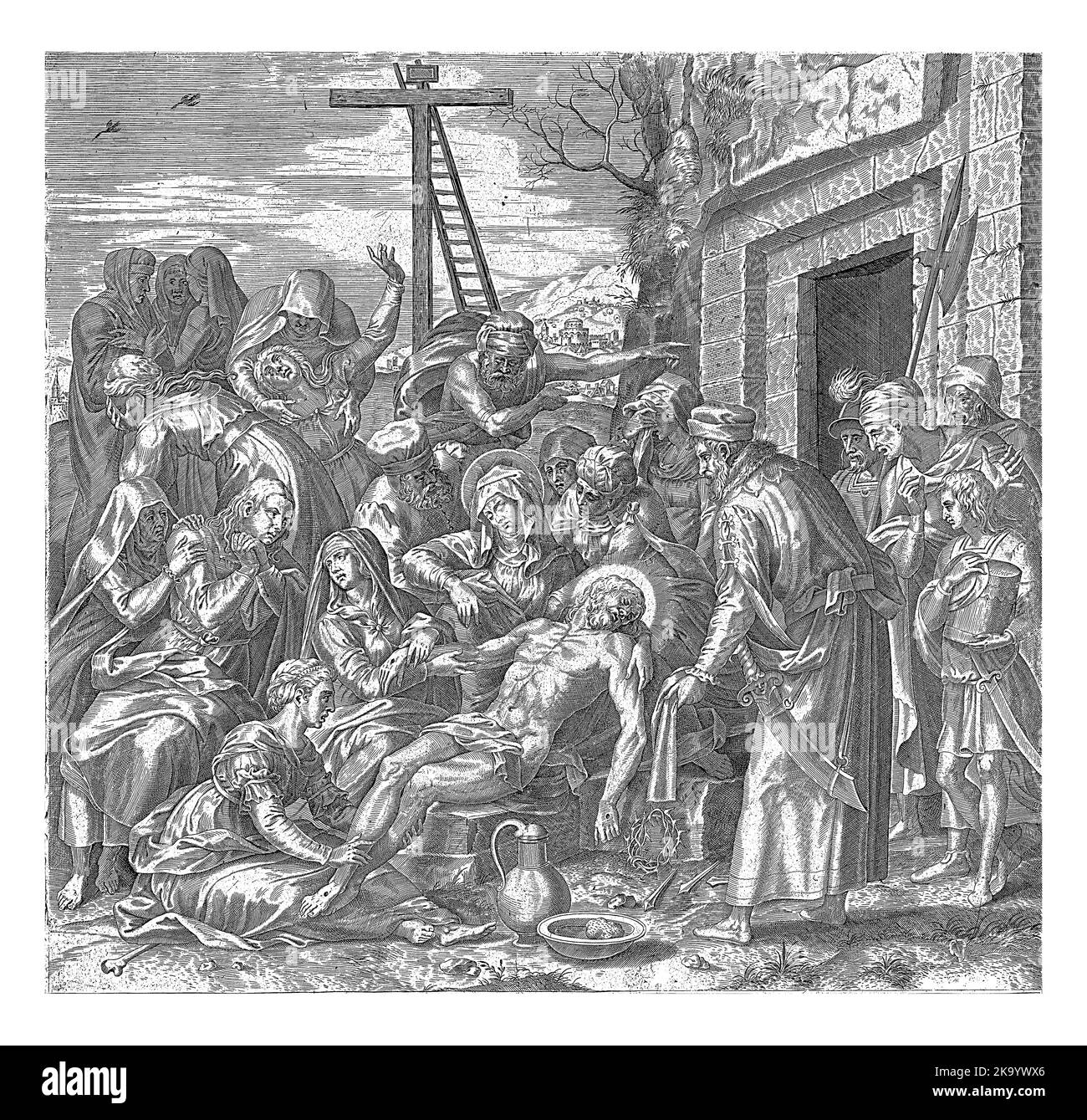 Le corps du Christ est entouré par des mouneurs. Au milieu, Marie a le corps du Christ sur ses genoux et soutient la tête. Sur la gauche se trouve Mary Magdalen Banque D'Images