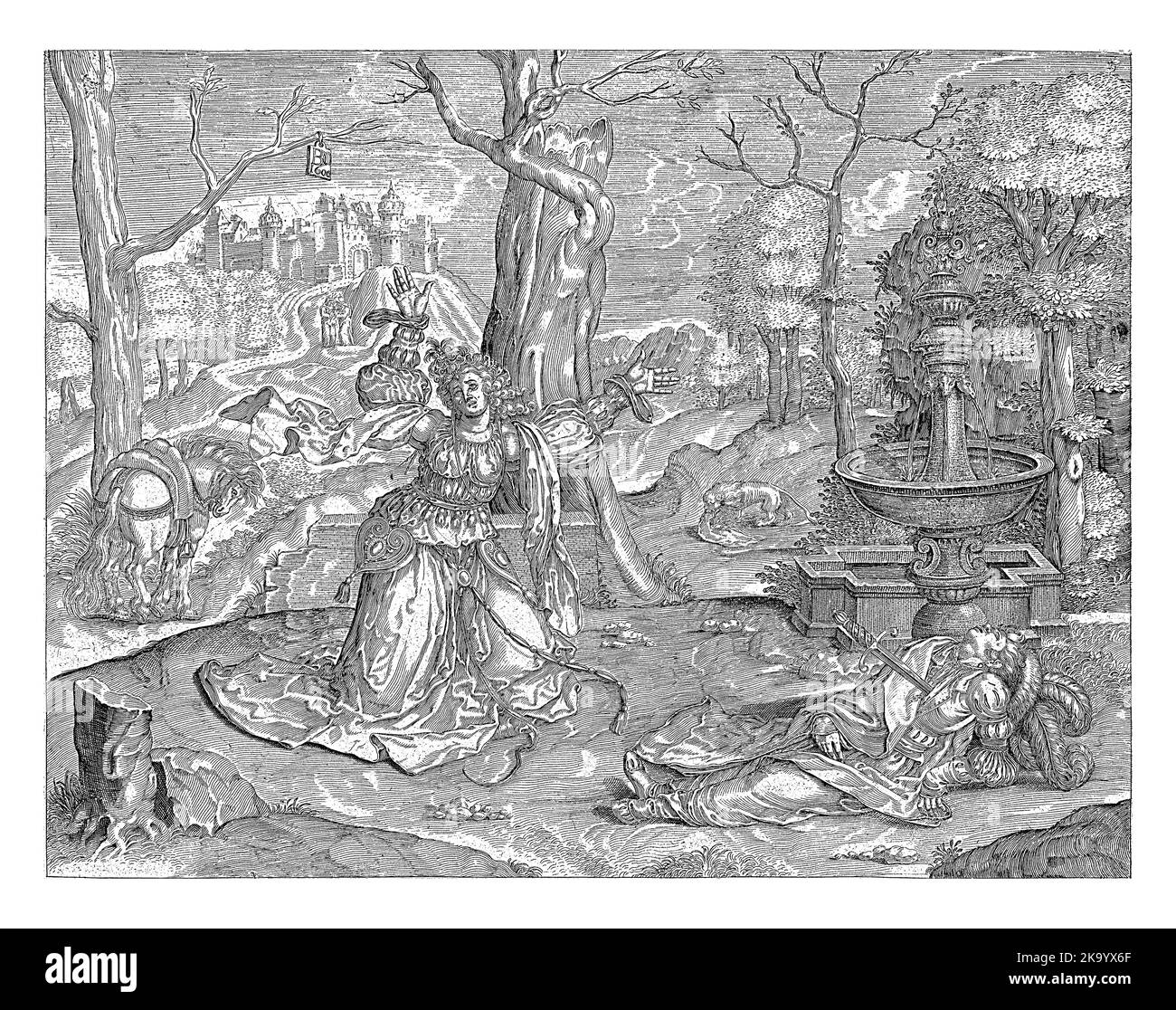 Au premier plan, à droite d'une fontaine, le cadavre de Pyramime, dans de beaux vêtements. Gauche Thisbe sur ses genoux en tenant les mains en plein désespoir. Banque D'Images