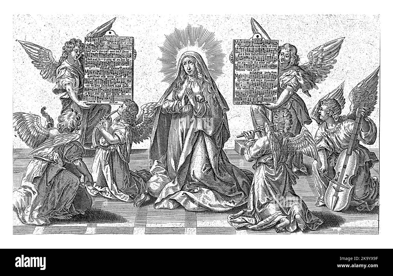 Marie avec des anges musicaux, Joan Huberti, d'après Johann Sadeler, d'après Maerten de Vos, 1626 - 1657 Marie s'agenouille entre six anges musicaux, tw Banque D'Images