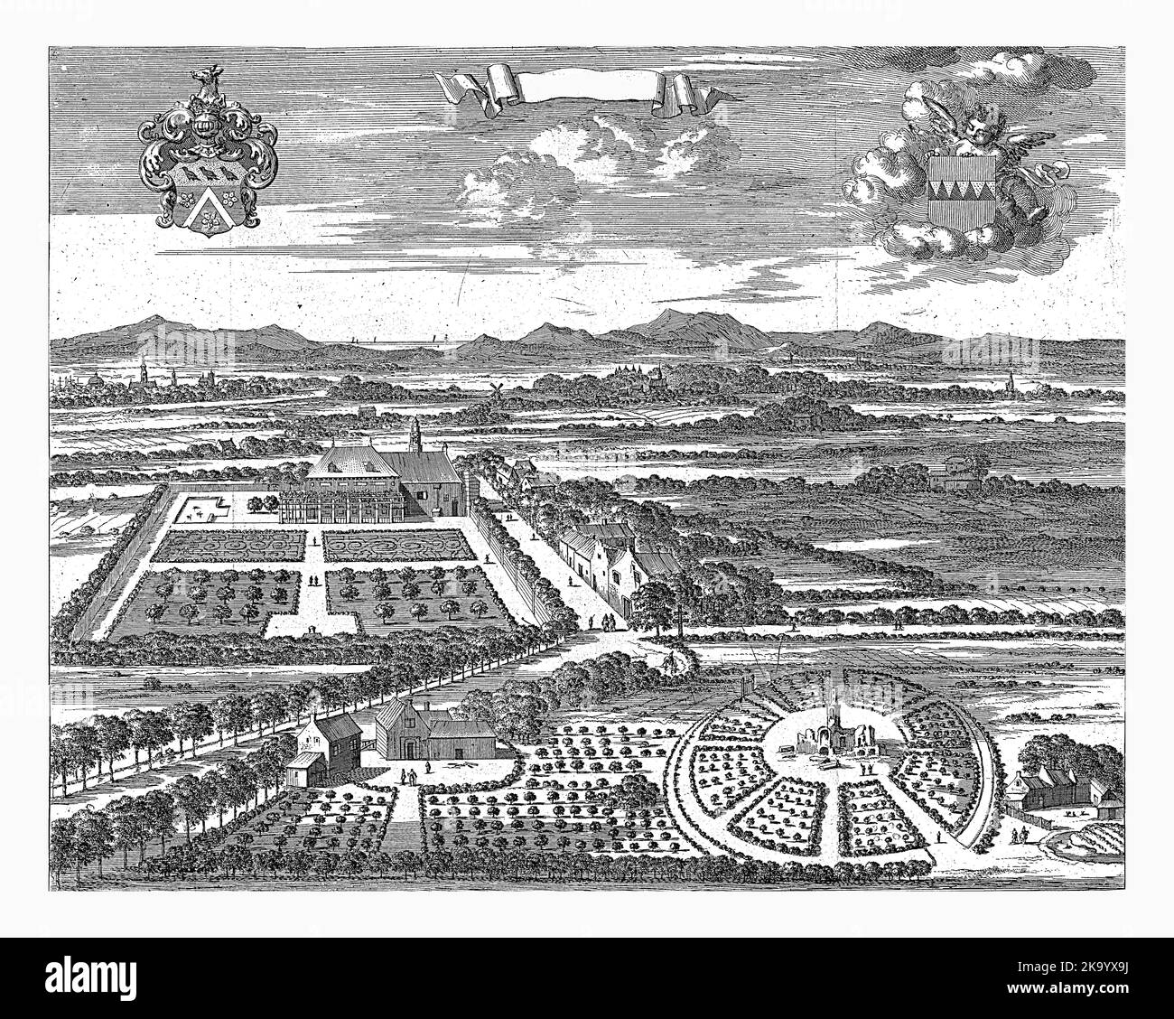 Vue sur la seigneurie de Schellach, Jan Luyken, 1696 Vue panoramique sur la seigneurie de Schellach, située entre Middelburg et Veere. Banque D'Images