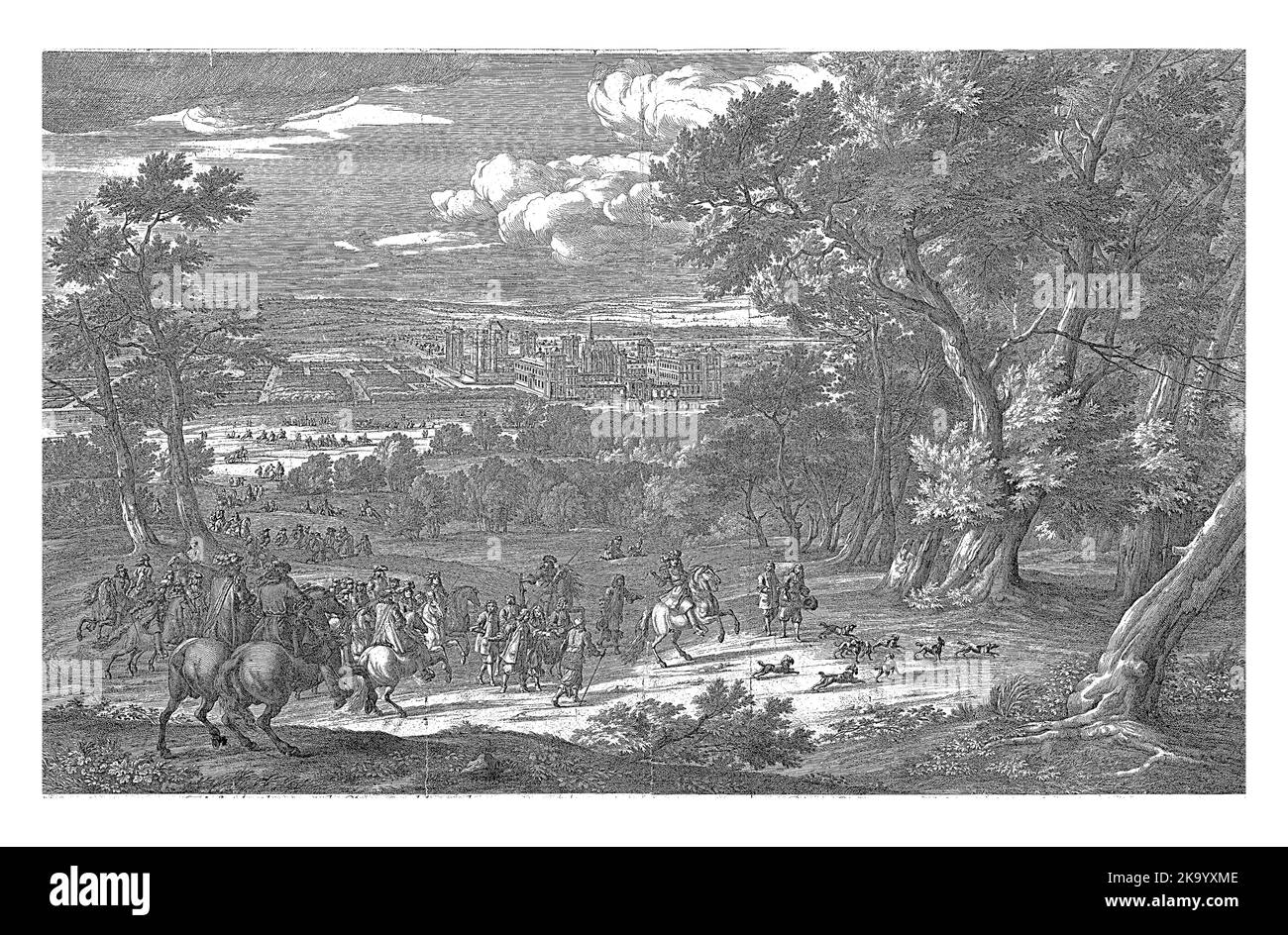 Vue sur le château et le parc de Vincennes. Au premier plan un groupe de chasseurs à cheval avec des chiens, à l'entrée d'une forêt. Avec une légende de 1-9 po F. Banque D'Images