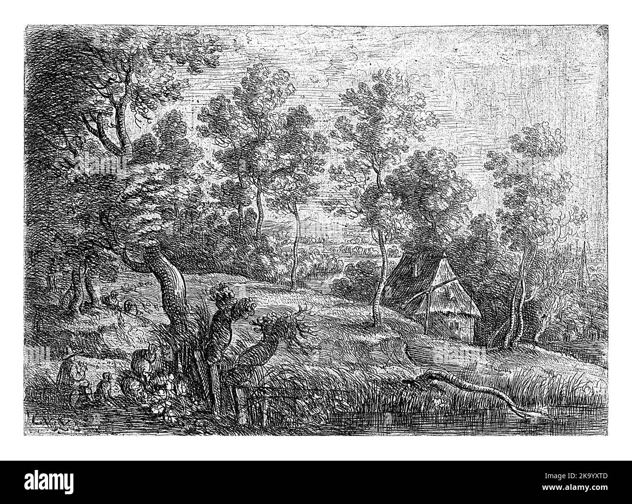 Paysage avec une maison et un puits, en premier plan un berger jouant la flûte avec son chien. Banque D'Images
