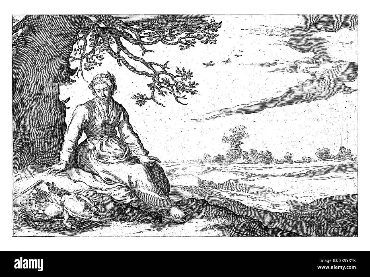 Une femme repose sous un arbre dans un cadre rural. À côté d'elle un panier avec deux oies. Imprimez deux d'une série avec quatre scènes rurales. Banque D'Images