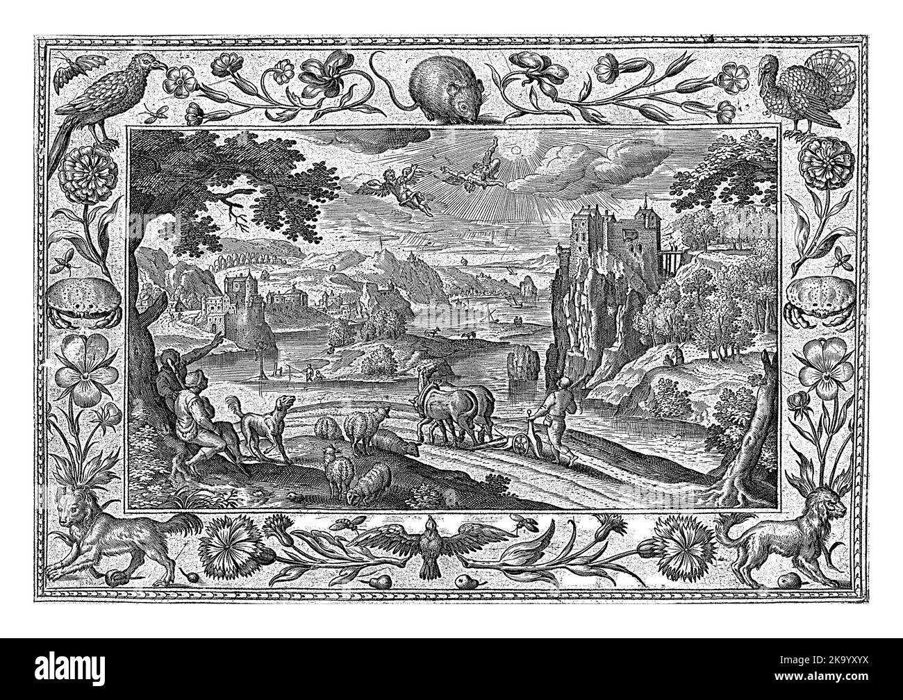 Paysage avec champ. Dans le ciel Daedalus et Icarus. Icarus vole trop haut près du soleil. La cire de ses ailes fond et il tombe du ciel. Banque D'Images