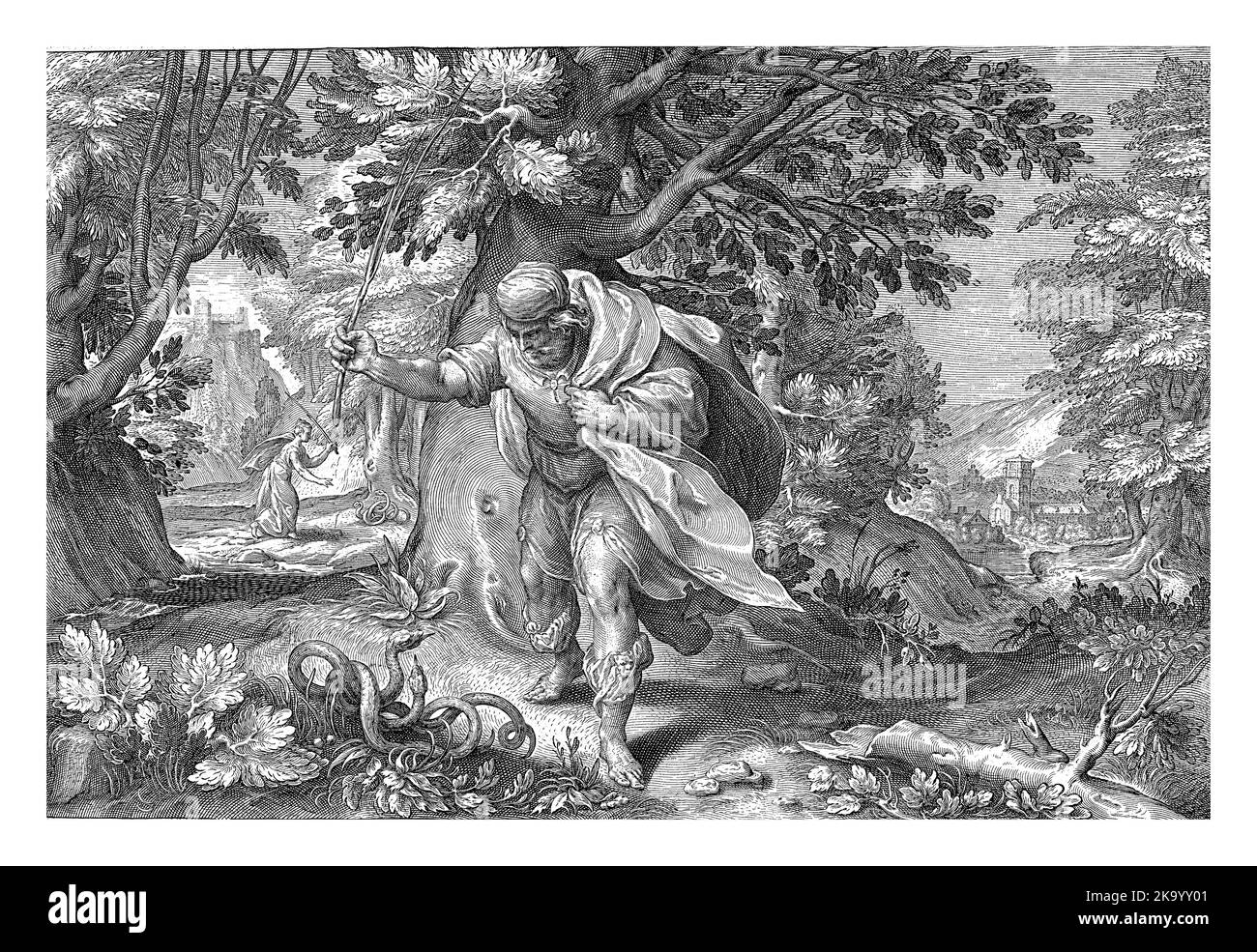 Teiresias frappe deux serpents dans une forêt. Il s'est ensuite transformé en femme. Banque D'Images