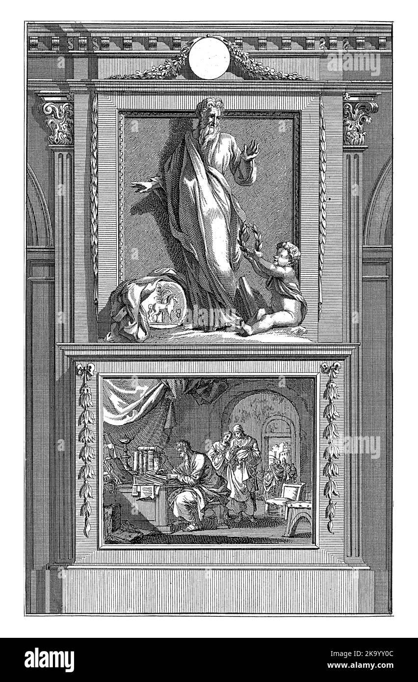 Église Père Tertullien de Carthage, Jan Luyken, après Jan Goeree, 1698 l'Église Père Tertullien de Carthage regarde un ange qui lui offre un l Banque D'Images