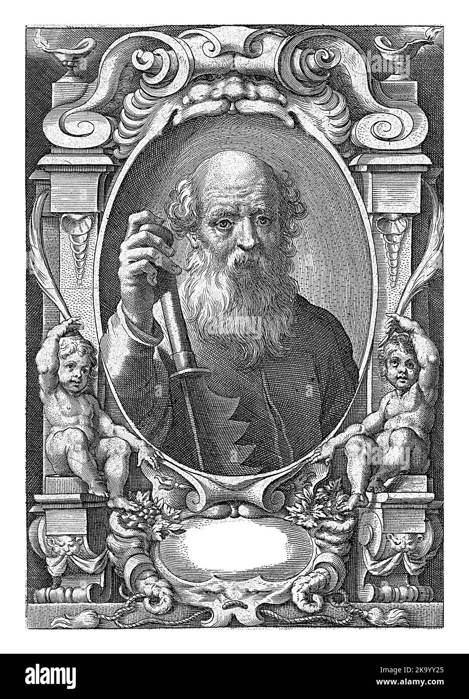 L'apôtre Simon Zelotes avec une scie dans un cadre aux ornements architecturaux, Jan-Baptist Barbé, d'après Théodoor van Loon, 1588 - 1648 Banque D'Images
