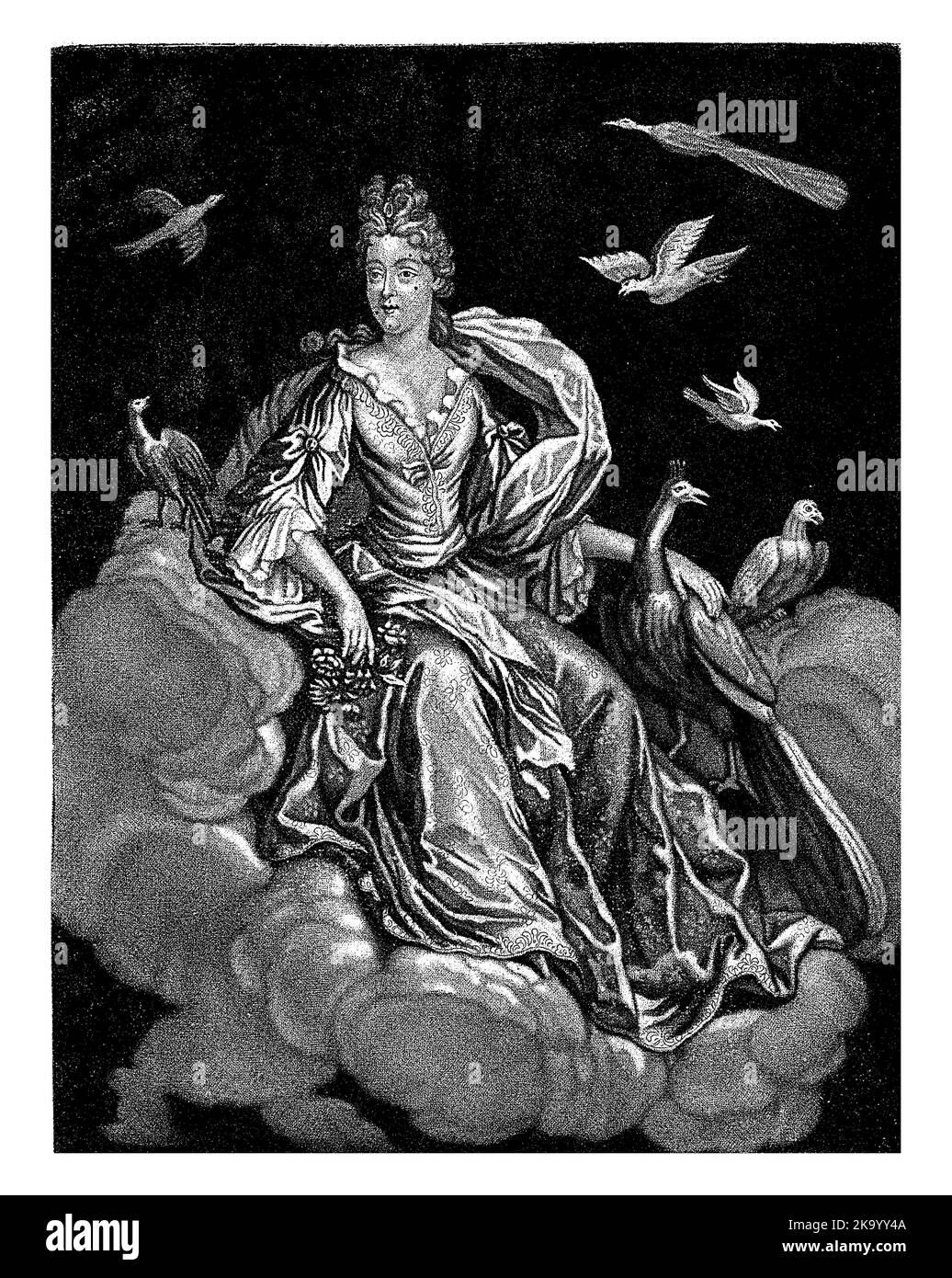 L'élément de l'air. La déesse Iris est assise dans les nuages avec un paon. Les oiseaux volent autour d'eux. Banque D'Images L'élément de l'air. La déesse Iris est assise dans les nuages avec un paon. Les oiseaux volent autour d'eux. Banque D'Images