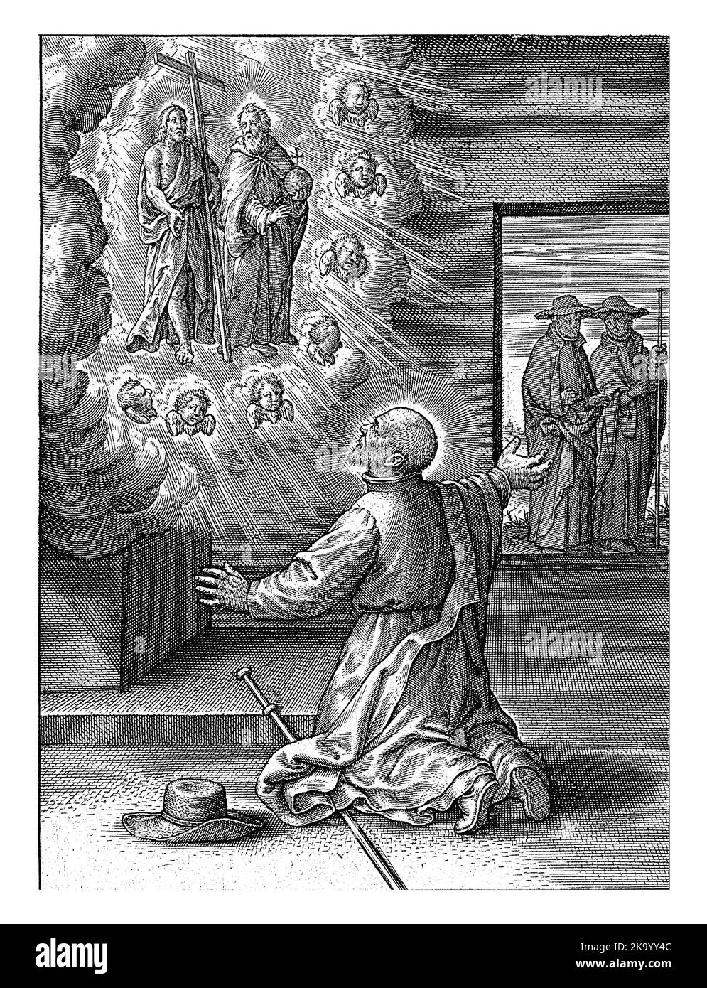 Ignace de Loyola a une vision du Christ crucifié et de Dieu le Père, Hieronymus Wierix, 1611 - 1615 sur son voyage à Rome, Ignace de Loyola Banque D'Images