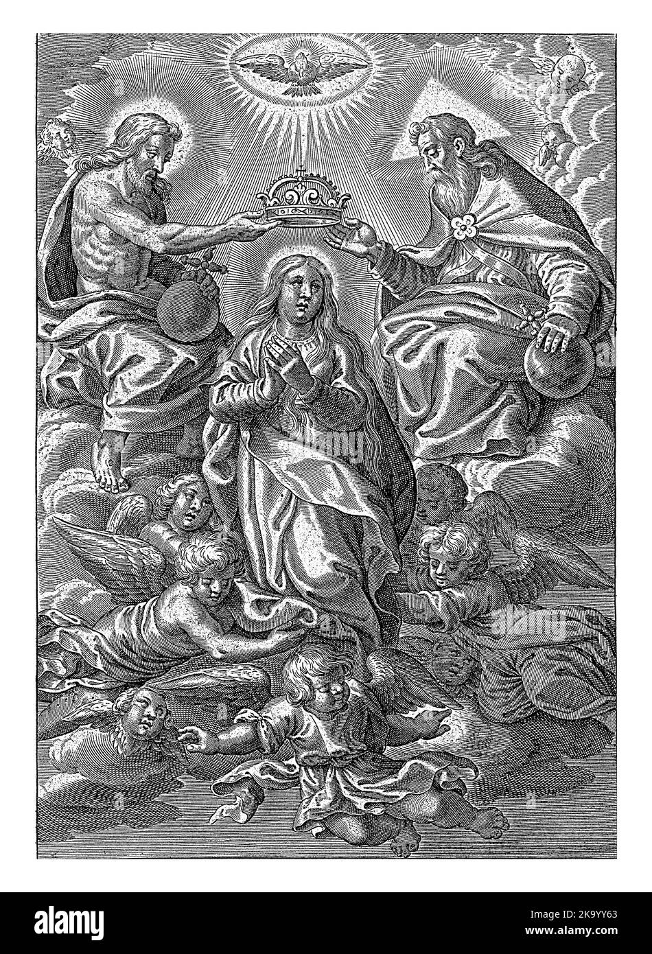 Marie est couronnée au ciel par Christ à sa gauche et par Dieu le Père à sa droite. Au sommet de la colombe, le symbole du Saint-Esprit. Banque D'Images